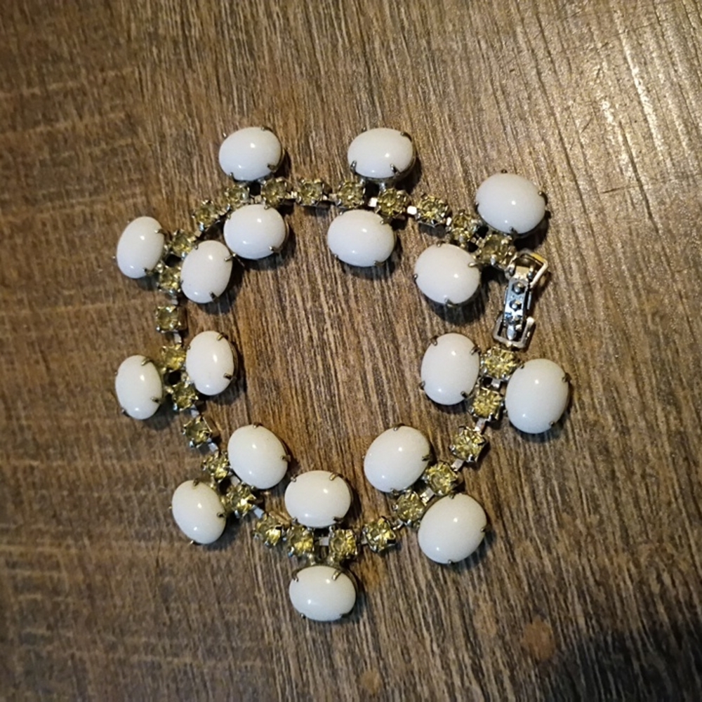 Vintage Beautiful Milk glass And Rhinestone Bracelet.